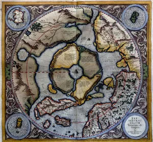 Drucke von Karte des Gerhard Merker Atlas von 1595 zur Arktis bis zum Nordpol und zu den umliegenden Landern innerhalb und außerhalb der Arktischen Breite M Drucke: Karte von Gerardus Mercator aus dem Jahr 1595 mit der Arktis bis zum Nordpol und Umgebung