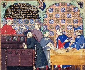 Watercolour On Parchment Art Drucke: Avarice. A miniature with scenes of banking