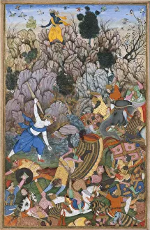 Balarama und Krishna kämpfen gegen den Feind, Blatt aus einem Harivamsha (Die Legende von...) um 1500