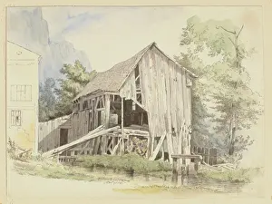 Drucke von Ein idyllischer Moment am Fluss: Ein Bauernhof steht an einem sanften Bach, umgeben von grünen Wäldern und blühenden Blumen Ländliche Gemälde Auf Dem Land Drucke: Bauernhaus am Bach, 1840