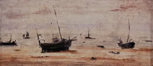 French Coastal Landscapes Drucke: Bateaux échoués à marée basse, c.1895. Creator: Eugene Louis Boudin