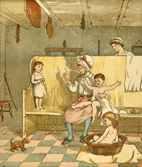 Drucke von Badezeit, um 1881. Als ich Bauer war, ein Farmers Boy, hielt ich die Kinder meiner Herren. Der Farmers Boy, mit Hut und Schürze bekleidet, badet die Kinder seiner Arbeitgeber Randolph Caldecott Drucke: Bademalzeit, um 1881. Künstler: Randolph Caldecott