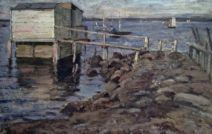 Coastal Landscape Painting Drucke: Bathing Hut at the Beach, unknown date. Creator: Fredrik Jonas Lucian Botfield Collett