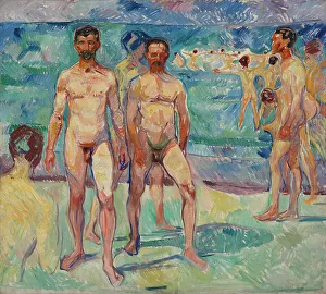 Baltic Sea Beach Scene Drucke: Bathing Men; Middle Age, 1907-1908. Creator: Edvard Munch