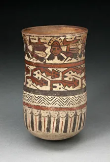 Ancient Peruvian Art Drucke: Beaker Depicting Rows of Abstract Patterns and Costumed Performers, 180 B. C. / A. D. 500