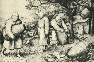 Drucke von Die Bienenhalter, 1565, (1943). Figuren in langen Mänteln mit Hüten und Korbgebindemasken. Zeichnung im Kupferstichkabinett der Staatlichen Museen Berlin Pieter Bruegel Der Ältere Drucke: Die Bienenhalter, 1565, (1943). Künstler: Pieter Bruegel der Ältere.