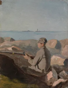 Beach Leisure Activities Drucke: Birdwatcher on the beach, exercise, 1882. Creator: Aukusti Uotila