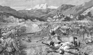 British Empire Colonialism Drucke: The Black Mountain Expedition, Western Himalayas; Ghazi Fanatics Charging the 18th Royal Irish at Creator: Unknown