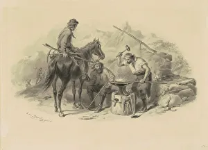 Black And White Industrial Art Drucke: Blacksmith in the Goldfields, 1848-1855. Creator: Felix Octavius Carr Darley