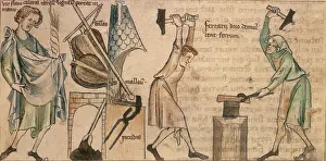 Historical Fashion Clothing Drucke: Blacksmiths at work, second half of the 14th century. Creator: Unknown