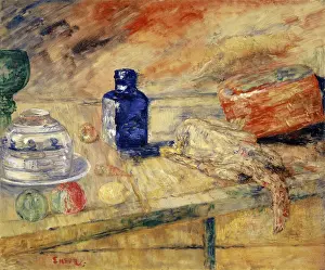 James Ensor Art Drucke: Blue Flask and Chicken, 1925. Creator: James Ensor