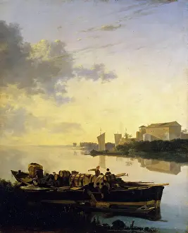 Drucke von Schiff bei Sonnenuntergang, 1655 Adam Pynacker Drucke: Boot am Sonnenuntergang, 1655. Künstler: Adam Pynacker