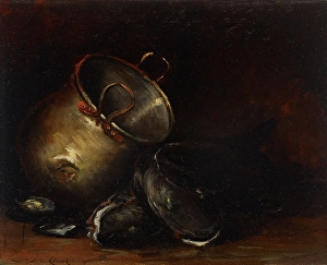 Heritage Art From America Drucke: Brass Kettle and Catfish, date unknown, c1870-1900. Creator: William Merritt Chase