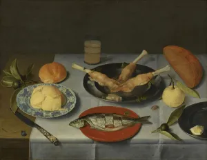 Dutch Fine Art Images Drucke: Breakfast with bread, cheese, fish and beer
