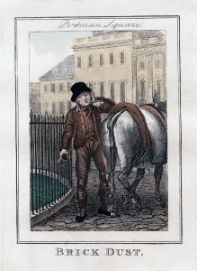 Drucke von Zuckerstaub im Portman-Square inLondonjährlich um 1805.Der Kupferplatzeinbildet die wandernden Händler von London aus dem Modern-London; Seine Geschichte und Gegenwart der britischen Metropole London Drucke: Ziegelstaub im Portman-Square in London aus dem Jahr 1805