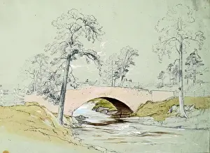 Victorian Era Landscape Drucke: Bridge over River - Rooftops Beyond, c1845. Creator: John Phillip