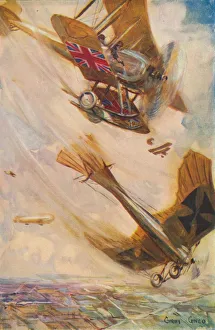 Cyrus Cuneo Artwork Drucke: A British Biplane Bringing Down a German Taube, c1916 (1928). Artist: Cyrus Cuneo