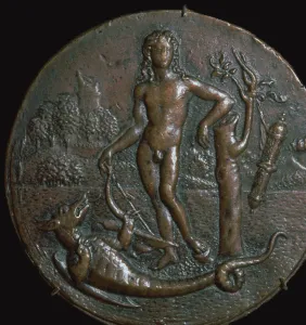 Bronzemedaillon des griechischen Gottes Apoll und der Schlange Python aus dem 15. Jahrhundert von Künstler Antonio de Brescia