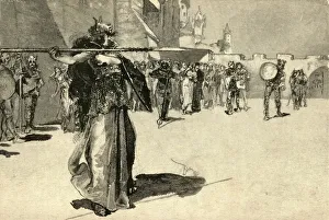 Nordische Mythologie Drucke: Brunhild, die Kriegerkönigin, wirft ihren Speer auf Günthers Schild