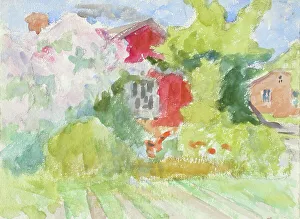 Historic Finnish Architecture Drucke: Buildings in the middle of trees, fields in the foreground. Creator: Maria Wiik