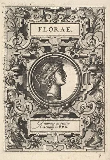 White And Black Heritage Images Drucke: Bust of Florae surrounded by strapwork, from the series Deorum dearumque