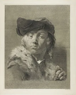 Black And White Portrait Prints Drucke: Bust of a Young Man with a Fur-Collared Coat, c.1750. Creator: Giovanni Marco Pitteri