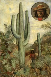 Indigenous People Images Drucke: Cactus Landscape with Portrait of Geronimo, 1886-1909. Creator: Henry H. Cross