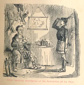 Monochrome Engraving Drucke: Caesar receiving intelligence of the Destruction of his Fleet