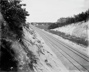 Black And White Railroad Images Drucke: Camp Douglas, approaching the camp, between 1880 and 1899. Creator: Unknown