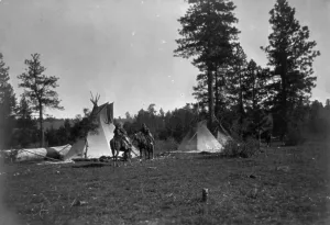Vintage Native American Portraits Drucke: Camp of the Root Diggers-Yakima, 1909, c1910. Creator: Edward Sheriff Curtis