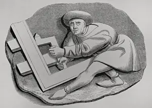 Christian Art And Architecture Drucke: Carpenter's apprentice working with a large square