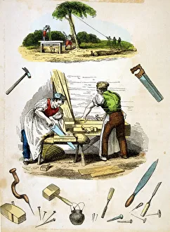 Carpenter Tools Drucke: Carpenters at work, surrounded by various tools, c1845