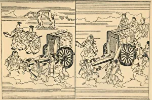 Black And White Book Art Drucke: Carriages drawn by oxen, 1663, (1924). Creator: Hishikawa Moronobu