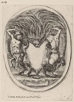 Stefano Della Bella Etching Drucke: Cartouche in the Form of a Flayed Tiger Supported by Centaurs, 1647