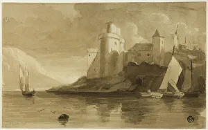 Black And White Lake Scene Drucke: Castle on Lake, n.d. Creator: Unknown