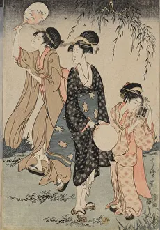Drucke von Kämpferinnen unter einem Weidenbaum (Mitte), um 1796-97. Eine Gruppe von Frauen unterhalten sich dabei, Feuerkätzchen zu jagen am Flussufer U Drucke: Kämpfer um die Fackel unter einem Weidenbaum (Zentrum)