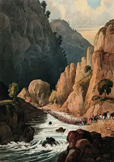 Horseback Riding Soldiers Drucke: Cavalry marching through a mountain river, Afghanistan. Creator: Unknown