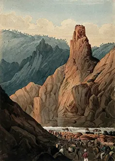 Mountain River Landscape Drucke: Cavalry passing mountain river, Afghanistan. Creator: Unknown