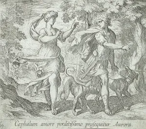 Ancient Roman Goddesses Drucke: Cephalus and Aurora, published 1606. Creators: Antonio Tempesta, Wilhelm Janson