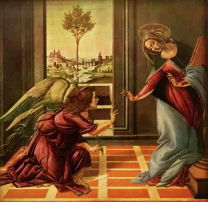 Drucke von Die Cestello-Verkündigung, 1489, (1937). Der Engel Gabriel, der ein Stengel Lilien hält, bringt der Jungfrau Maria die Nachricht mit, dass Gott sie auserwählt hat, den Christuskind zu gebären Sandro Botticelli Drucke: Die Cestello-Ankündigung, 1489, (1937). Künstler: Sandro Botticelli.