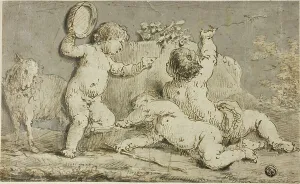 Angelic Cherubs Drucke: Three Cherubs Playing around a Rock, n.d. Creator: Unknown