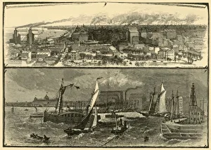 Drucke von Chicago, 1874. Ansichten des Lake Michigan und der Stadt Chicago, Illinois, USA: Die Stadt vom Wasserwerk; Mündung des Chicago River Alfred Rudolph Waud Drucke: Chicago, 1874. Schöpfer: Unbekannt.