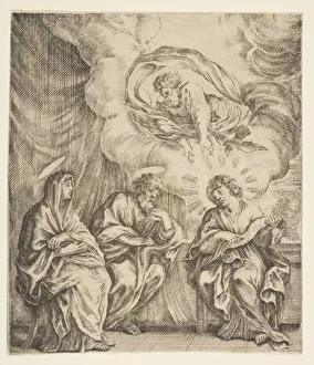 Black And White Christian Images Drucke: Child Jesus Explaining the Scriptures to His Mother and St. Joseph, ca. 1627