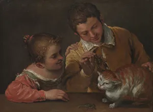 Drucke von Zwei Kinder schlagen einen Katzen an Annibale Carracci Drucke: Zwei Kinder beschimpfen einen Katzen, Künstler: Annibale Carracci