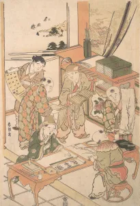 Chinesische Jungen lernen zu schreiben und malen, umgangssprachlich Kramatai, um 1785 von Hokusai