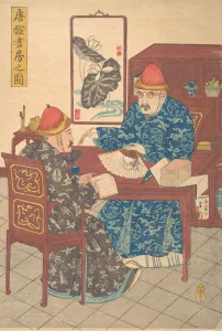 Zwei chinesische Gelehrte üben Schriftkunst im Atelier, um 1840. Erfinder unbekannt