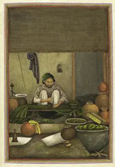 Chipi (oder chimba), ein Tuchdrucker, druckt grünes Tuch mit einem roten geometrischen Muster, 1825... Schöpfer: Anon