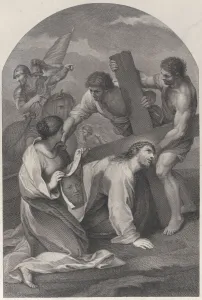 Christ fällt zu Boden unter dem Gewicht des Kreuzes mit zwei Männern beim Beistand
