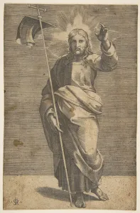 Black And White Christian Images Drucke: Christ standing facing forward, holding a cross with a banner and raising his left