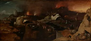 Drucke von Christus Abstieg in den Hölle. Wüstes Land mit einer brennenden Stadt rechts und dem Fluss Stix Hieronymus Bosch Drucke: Christus Abstieg in den Himmel
